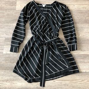 Black and white handkerchief hem wrap dress